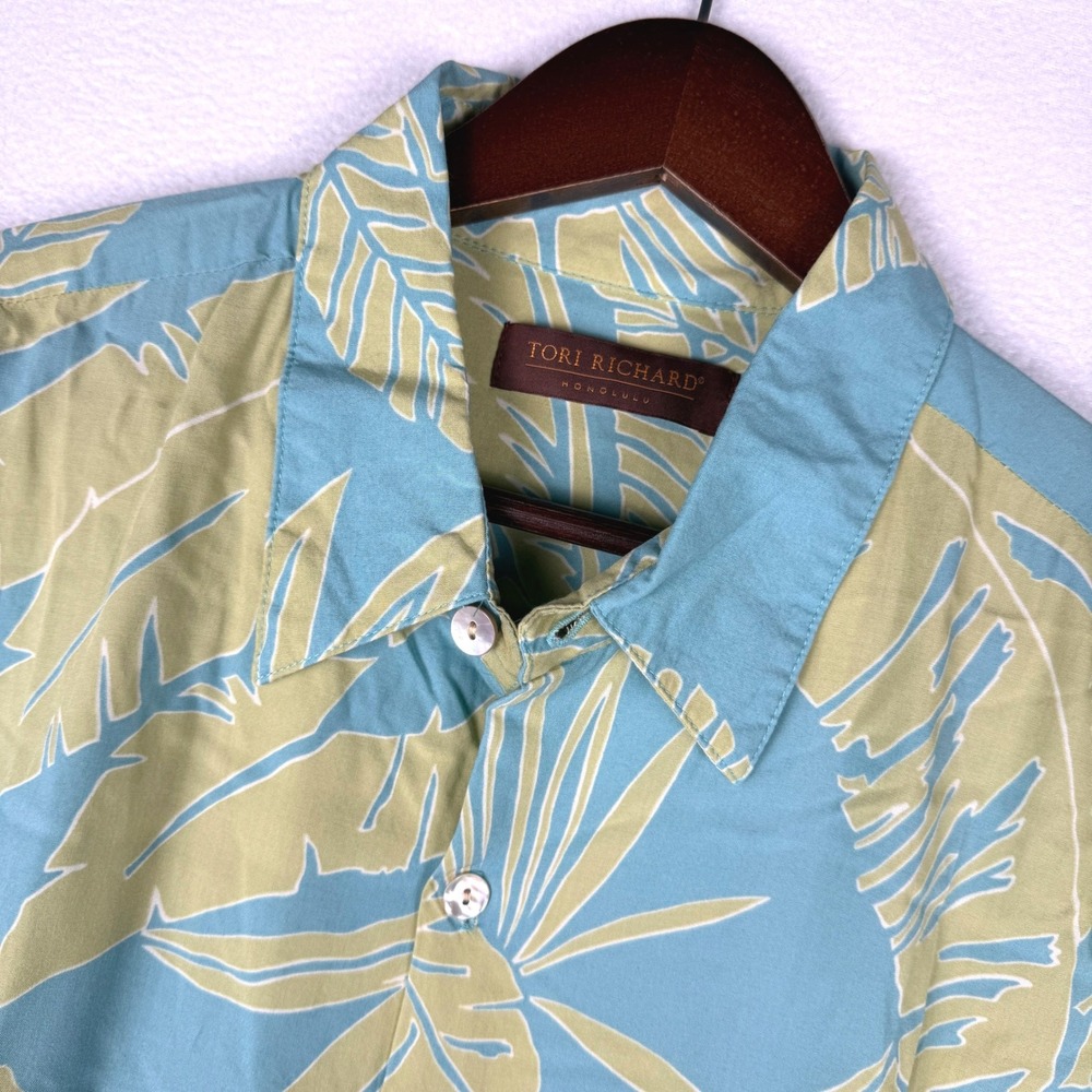 Tori Richard Hawaiian Button Up Shirt Mens XL Blue Green Floral Palm Leaf AOP